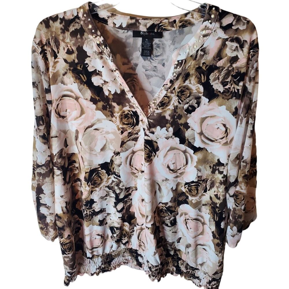 Style & Co. Notch Neck Floral Beaded Accent Blouse, XL